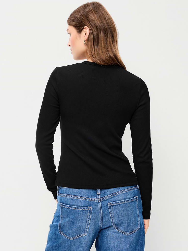 Image 2 of 8, Snug Long-Sleeve Button-Front Ribbed Top
