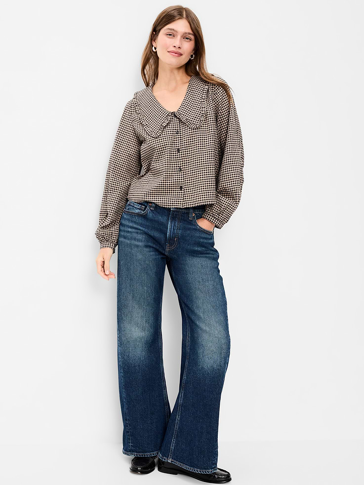 Image 3 of 8, Long-Sleeve Statement Collar Button-Front Top