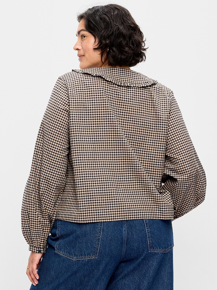 Image 8 of 8, Long-Sleeve Statement Collar Button-Front Top