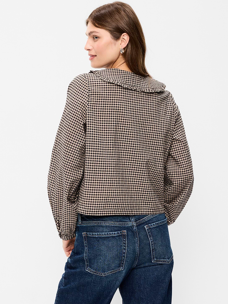 Image 2 of 8, Long-Sleeve Statement Collar Button-Front Top