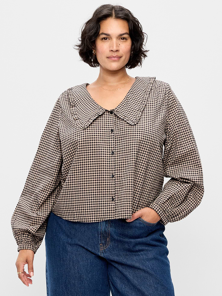 Image 7 of 8, Long-Sleeve Statement Collar Button-Front Top
