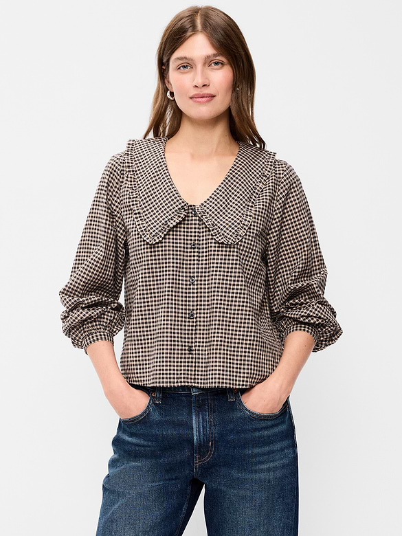 Long-Sleeve Statement Collar Button-Front Top