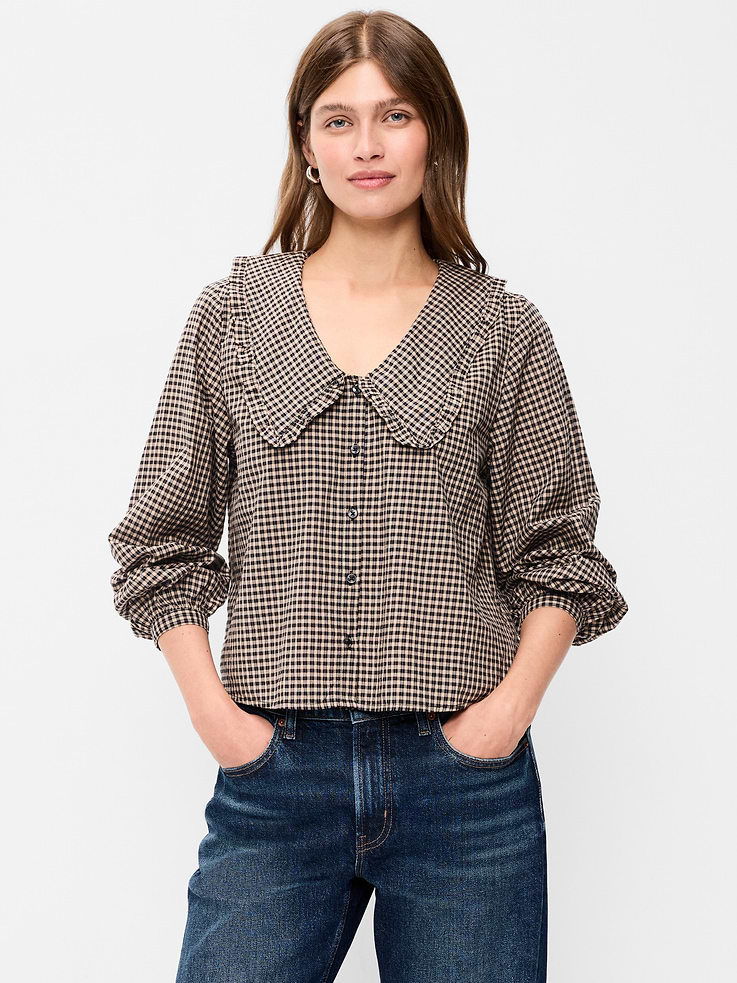 Image 1 of 8, ruffle-trim statement collar, long blouson sleeves, button front, Product #911351