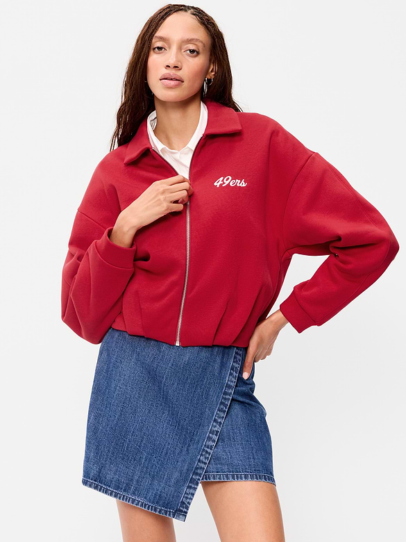San Francisco 49ers Oversized Fleece Bomber Jacket for Women