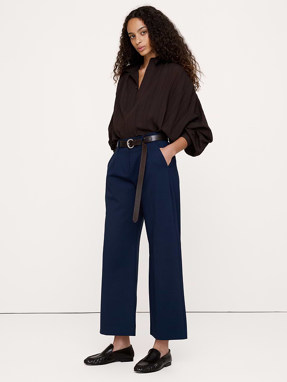 Pantalon à taille haute élastique, jambe large, en tricot point de Rome fluide