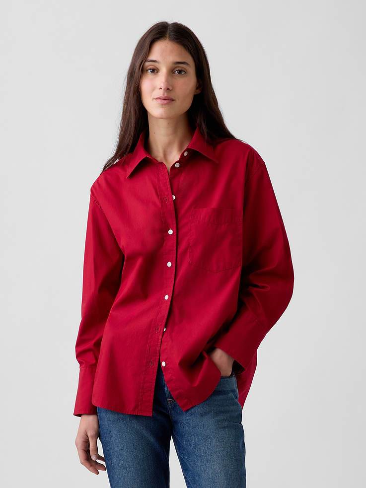 Image 1 of 5, Our oversized shirt pulled straight from the archives. Always easy. Forever iconic., Soft cotton poplin button-up shirt. In an oversized fit and tunic length., Point collar, button front., Long sleeves with button cuffs., Certain styles have a chest patch pocket., Certain styles have allover stripes., Subtle hi-low shirttail hem., Made with 100% organically grown cotton which is grown without the use of synthetic pesticides and fertilizers., Product #910044