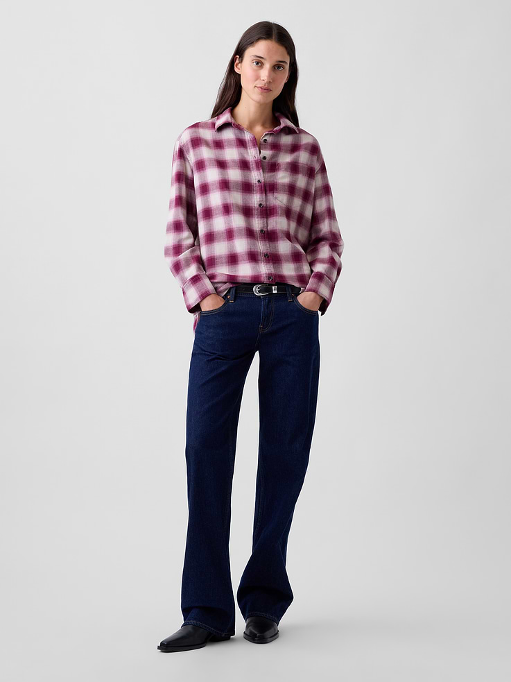 Image 2 of 5, Oversized Straight-Hem Flannel Shirt