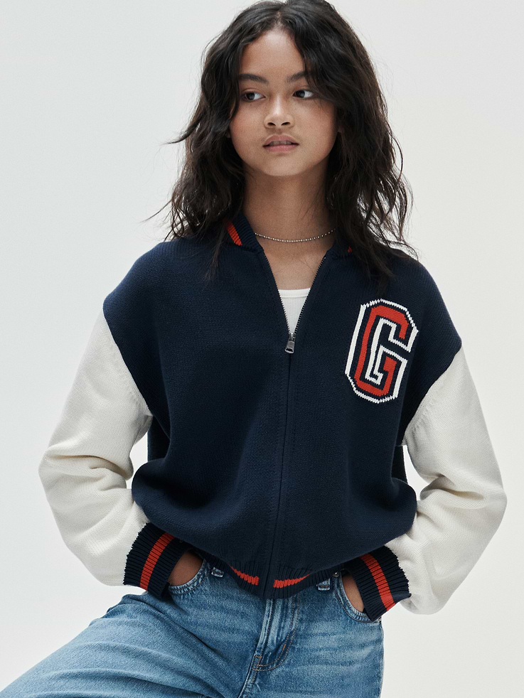 Image 6 of 6, Kids 100% Cotton Relaxed Varsity Sweater Jacket