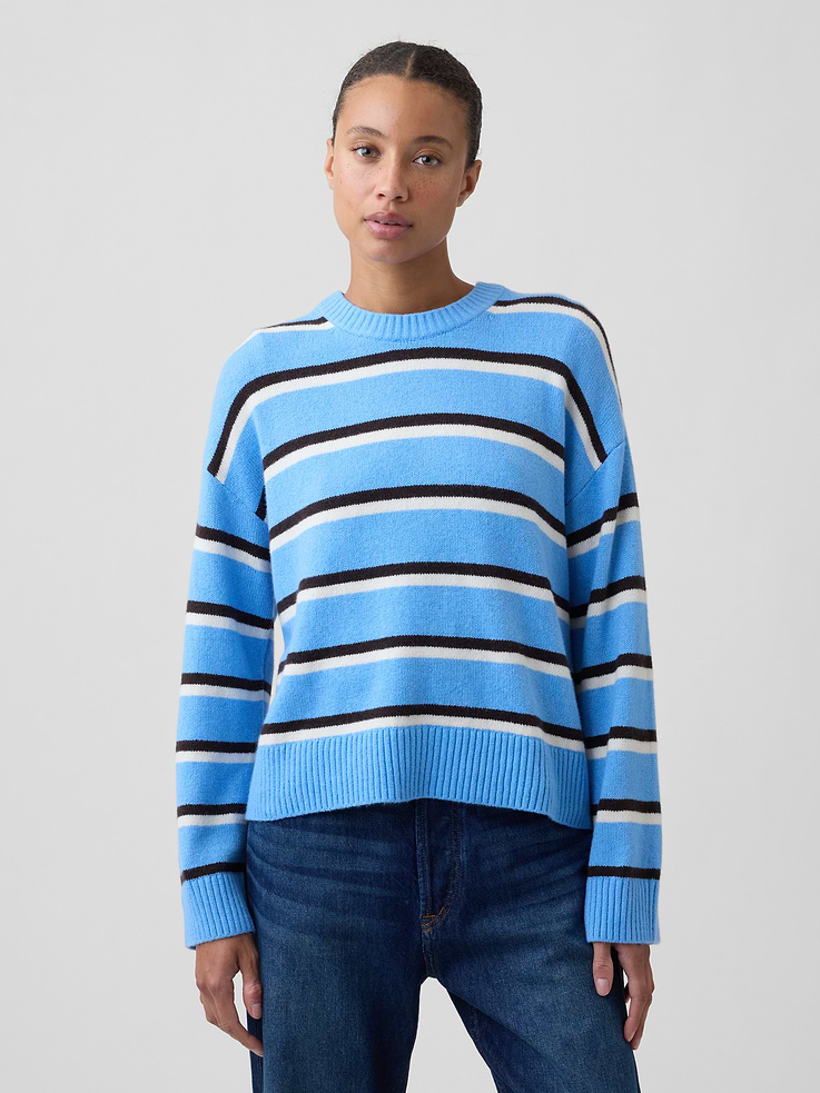 Image 1 of 5, Plush like cashmere. Easier than anything. With a lightweight layer-able feel & brushed for softness., Soft cotton-blend knit., Dropped shoulder, long sleeves with ribbed cuffs., Ribbed crewneck., Ribbed hem., Select styles have allover stripes., This product was made in a factory that invests in gender equity and women’s empowerment through RISE. Learn more at, Product #1177187