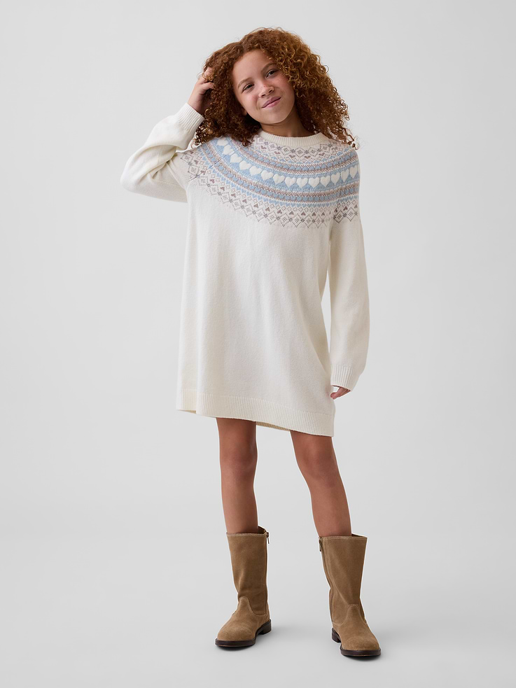 Image 1 of 5, Our bestselling fabric that feels cashmere-soft. Crafted in a midweight plush yarn. Refined with a special brushed technique. It's everyday luxury., Supersoft knit cotton-blend sweater dress. In an oversized fit., Crewneck., Long sleeves., Fair Isle design at top., Ribbed cuffs and hem., This product was made in a factory that invests in gender equity and women’s empowerment through RISE. Learn more at gapinc.com/equity ., Product #1184971