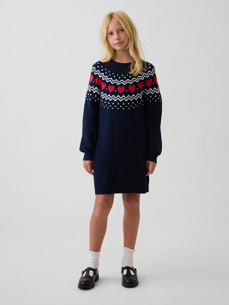 Image 1 of 5, Our bestselling fabric that feels cashmere-soft. Crafted in a midweight plush yarn. Refined with a special brushed technique. It's everyday luxury., Supersoft knit cotton-blend sweater dress. In an oversized fit., Crewneck., Long sleeves., Fair Isle design at top., Ribbed cuffs and hem., This product was made in a factory that invests in gender equity and women’s empowerment through RISE. Learn more at gapinc.com/equity ., Product #1184971