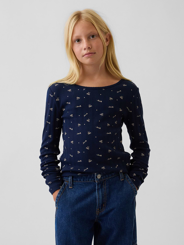 Image 1 of 4, Soft pointelle knit cotton T-shirt., Scoop neck with scalloped edge., Long sleeves., Product #1183085