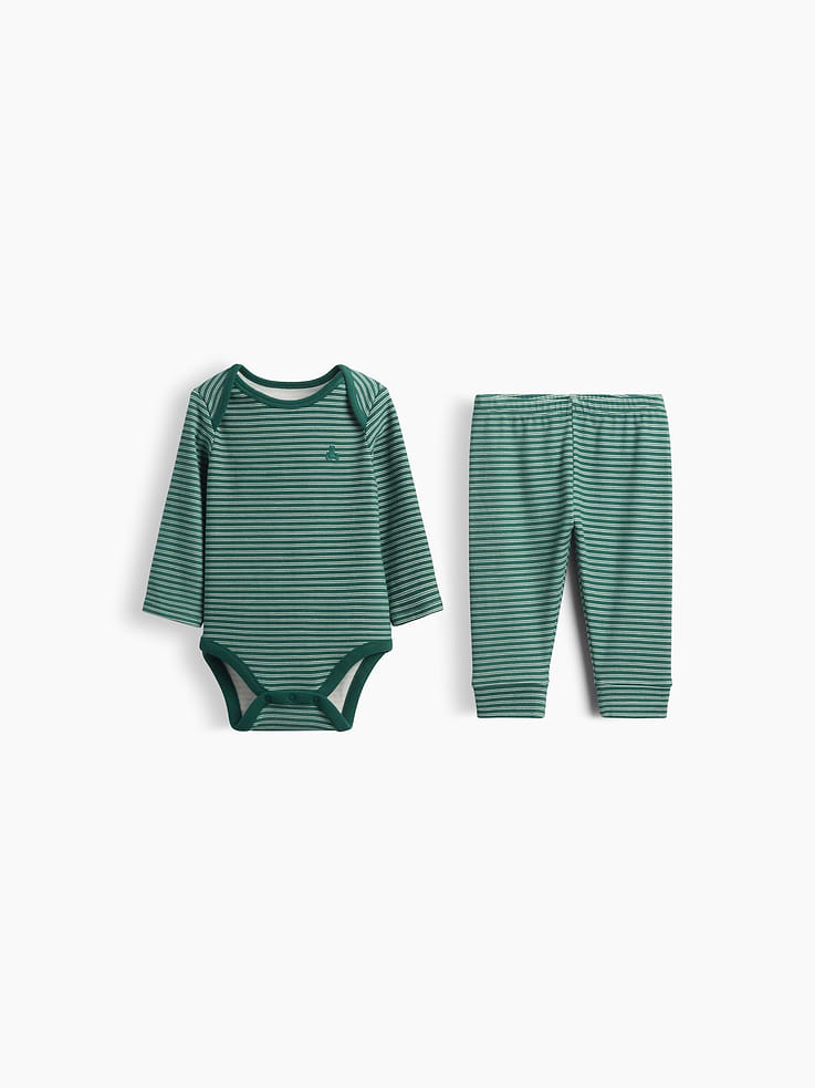 Image 1 of 3, The perfect blend of airy and plush. Versatile and made for layering., Soft, stretch knit bodysuit and matching pull-on pants outfit set., Crewneck with lapped shoulders for easy over-the-head., Long sleeves., Snaps at inseam for easy dressing and diapering., Elasticized waist at pull-on pants., Banded cuffs., Allover print., This product was made in a factory that invests in gender equity and women’s empowerment through RISE. Learn more at gapinc.com/equity ., Product #1189260