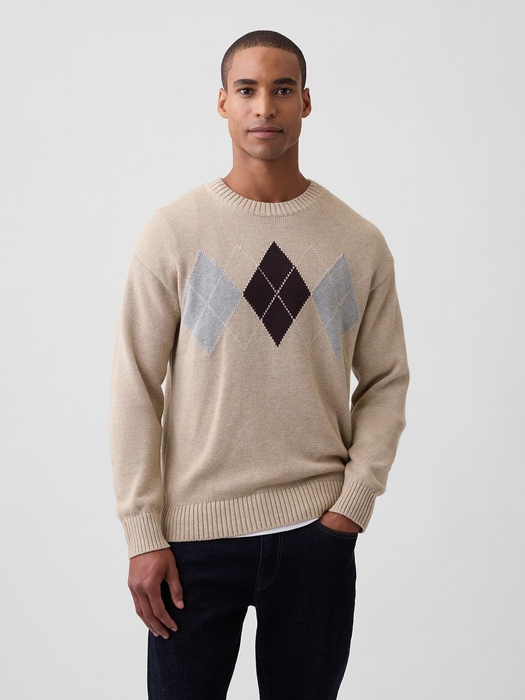 Image 1 of 5, Soft cotton knit., Long sleeves with ribbed cuffs., Ribbed crewneck., Argyle pattern at front., Ribbed hem., Product #1178056