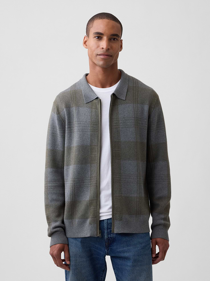 Image 1 of 5, This product is made with/contains 5% recycled cotton. Compared to virgin materials, using recycled materials helps reduce resource use and waste., Soft cotton knit., Dropped shoulder, long sleeves with ribbed cuffs., Spread collar, zip front., Ribbed hem., Allover plaid., Product #1178491