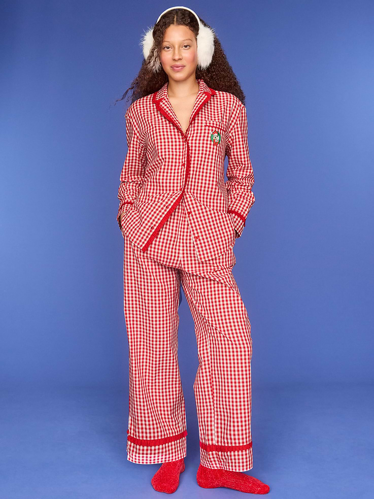 Image 1 of 4, set includes pajama shirt and matching bottoms, spread collar, long sleeves, button front, patch chest pocket, elastic-waist pajama pants, on-seam pockets, ruffle trim, ©Disney, Product #910771