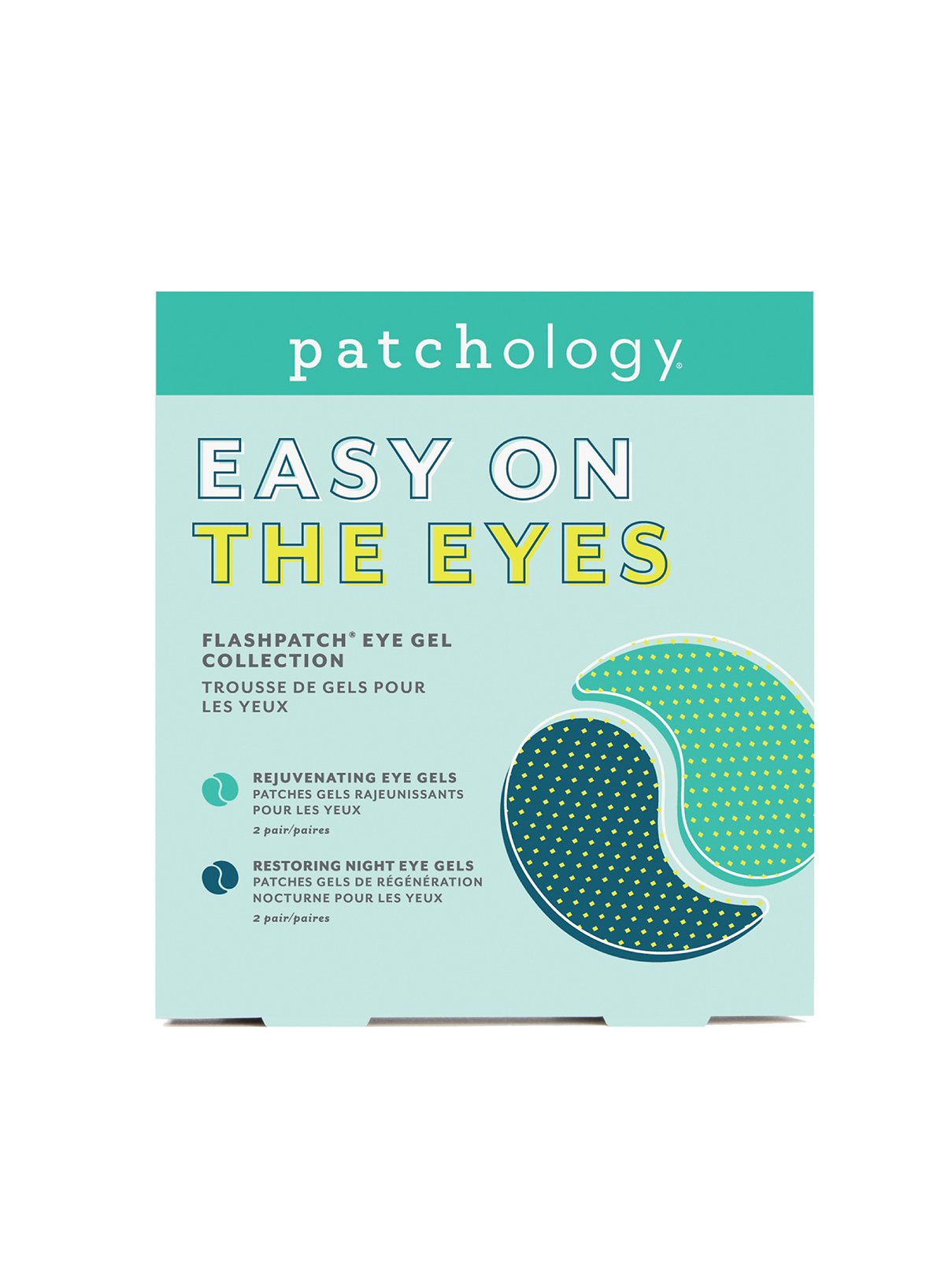 Image 1 of 3, From Patchology, a trusted skincare brand known for innovative, results-focused treatments., Refresh tired eyes in just 5 minutes with Patchology Easy on the Eyes FlashPatch Eye Gels.Helps reduce puffiness, dark circles, and visible signs of fatigue for a brighter, more awake appearance.Cooling hydrogel patches soothe and comfort the delicate under-eye area while delivering targeted care.Powered by caffeine and hydrolyzed collagen to visibly smooth, firm, and revitalize skin.Retinol and peptides help improve the look of fine lines and support a more youthful appearance.Deeply hydrating formula replenishes moisture to relieve dryness and leave skin feeling soft and refreshed.Advanced hydrogel technology helps ingredients stay in place for effective absorption where they're needed most.Biodegradable hydrogel patches offer a skin-conscious and eco-conscious skincare solution., Rejuvenating Eye Gels ingredients include: WATER (AQUA/EAU), GLYCERIN, DIPROPYLENE GLYCOL, CERATONIA SILIQUA (CAROB) GUM, CHONDRUS CRISPUS POWDER, BUTYLENE GLYCOL, CHONDRUS CRISPUS EXTRACT, PANTHENOL, CENTELLA ASIATICA EXTRACT, PAEONIA SUFFRUTICOSA ROOT EXTRACT, CHAMOMILLA RECUTITA (MATRICARIA) FLOWER EXTRACT, PORTULACA OLERACEA EXTRACT, CAFFEINE, HYDROLYZED COLLAGEN, COCOS NUCIFERA (COCONUT) FRUIT EXTRACT, SODIUM HYALURONATE, ALOE BARBADENSIS LEAF EXTRACT, LONICERA JAPONICA (HONEYSUCKLE) FLOWER EXTRACT, CALENDULA OFFICINALIS EXTRACT, LAVANDULA ANGUSTIFOLIA (LAVENDER) EXTRACT, SYRINGA VULGARIS (LILAC) EXTRACT, ROSMARINUS OFFICINALIS (ROSEMARY) EXTRACT, MENTHA ARVENSIS LEAF EXTRACT, MONARDA DIDYMA LEAF EXTRACT, JASMINUM OFFICINALE (JASMINE) EXTRACT, FREESIA REFRACTA EXTRACT, ACETYL TETRAPEPTIDE-5, TRIDECETH-6, BETAINE, 1, 2-HEXANEDIOL, CELLULOSE GUM, XANTHAN GUM, GLYCERYL CAPRYLATE, POTASSIUM CHLORIDE, SODIUM POLYACRYLATE, SUCROSE, ETHYLHEXYLGLYCERIN, SYNTHETIC FLUORPHLOGOPITE, POLYSORBATE 20, HYDROGENATED POLYDECENE, DIPOTASSIUM GLYCYRRHIZATE, ALLANTOIN, PANTOLACTONE, POLYGLUTAMIC ACID, ACETYL GLUCOSAMINE, UREA, YEAST AMINO ACIDS, TREHALOSE, INOSITOL, TAURINE, POTASSIUM SORBATE, GLUTATHIONE, DISODIUM EDTA, PHENOXYETHANOL, TITANIUM DIOXIDE (CI 77891), MICA (CI 77019), FRAGRANCE (PARFUM), Restoring Night Eye Gels ingredients include: WATER (AQUA/EAU), GLYCERIN, DIPROPYLENE GLYCOL, CERATONIA SILIQUA (CAROB) GUM, CHONDRUS CRISPUS POWDER, CHONDRUS CRISPUS EXTRACT, ARNICA MONTANA FLOWER EXTRACT, PAEONIA SUFFRUTICOSA ROOT EXTRACT, CENTELLA ASIATICA EXTRACT, SCUTELLARIA BAICALENSIS ROOT EXTRACT, CHAMOMILLA RECUTITA (MATRICARIA) FLOWER EXTRACT, ACETYL TETRAPEPTIDE-5, ACETYL HEXAPEPTIDE-8, TRIDECETH-6, ALLANTOIN, HYDROLYZED COLLAGEN, RETINOL, BUTYLENE GLYCOL, 1, 2-HEXANEDIOL, CELLULOSE GUM, XANTHAN GUM, GLYCERYL CAPRYLATE, POTASSIUM CHLORIDE, SODIUM POLYACRYLATE, SUCROSE, ETHYLHEXYLGLYCERIN, POLYSORBATE 20, SYNTHETIC FLUORPHLOGOPITE, HYDROGENATED POLYDECENE, UREA, YEAST AMINO ACIDS, TREHALOSE, BETAINE, INOSITOL, TAURINE, POTASSIUM SORBATE, CAPRYLYL GLYCOL, DISODIUM EDTA, PHENOXYETHANOL, ULTRAMARINES (CI 77007), TITANIUM DIOXIDE (CI 77891), MICA, FARNESOL, FRAGRANCE (PARFUM), Product #1201126