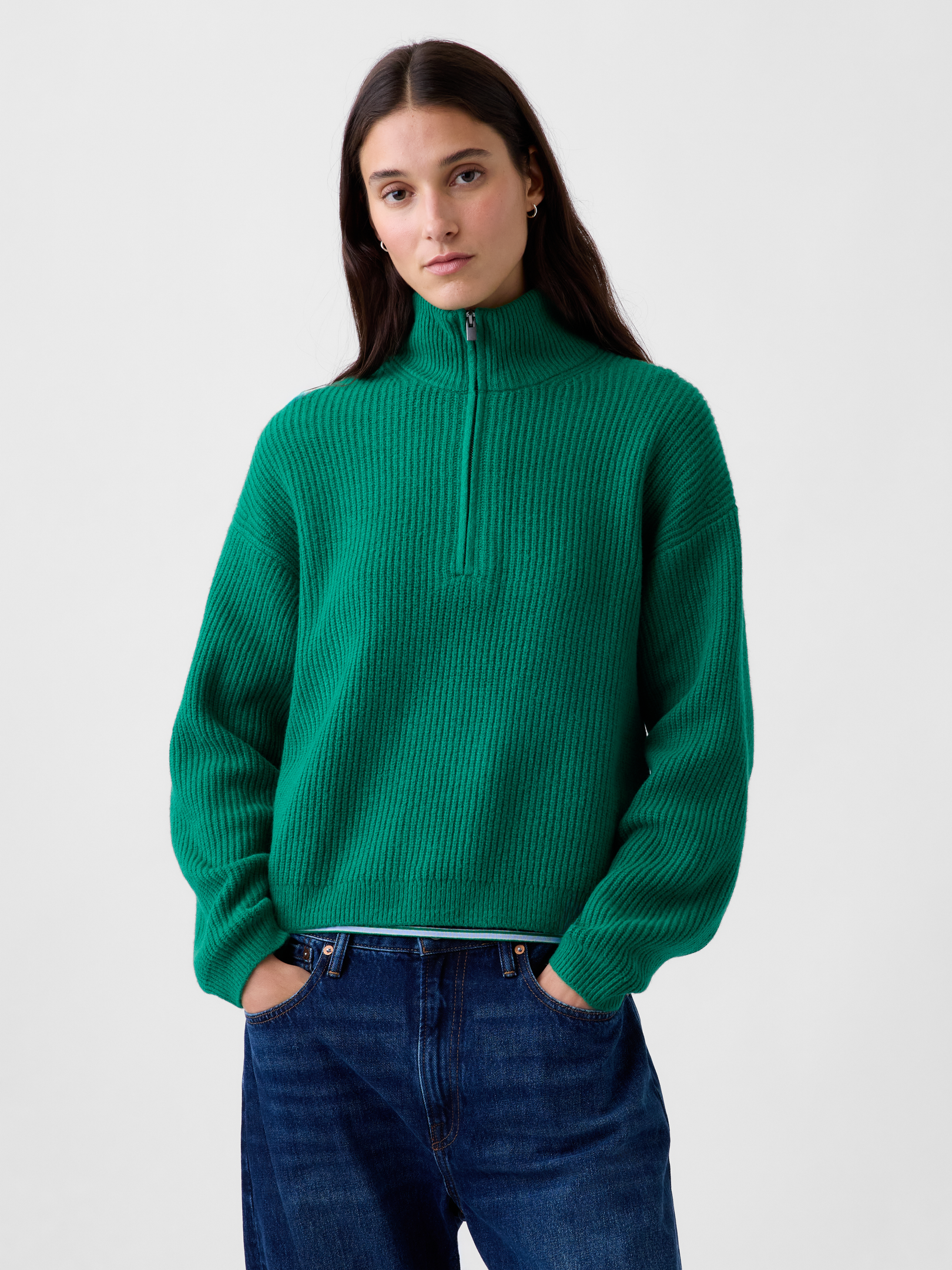 Image 1 of 5, Supersoft knit cotton-blend pullover sweater. In an oversized fit., Mockneck with half-zip closure., Long sleeves with drop shoulders., Ribbed hem., Product #912520