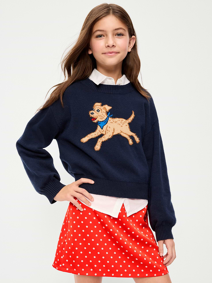 Image 1 of 4, crew neck, long sleeeves, drop shoulders, graphic at front, ribbed hem, easy pullover style, Product #1181569