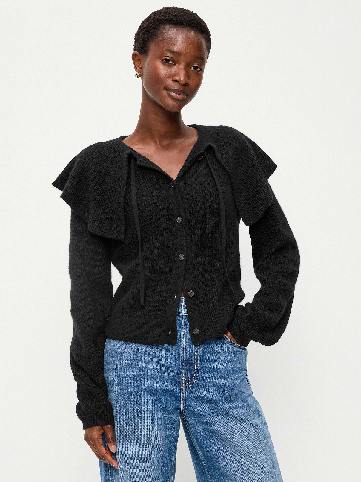 Image 1 of 3, crew neck, full-button front, tie detail at neck, long sleeves, rib-knit trim, Product #1182270