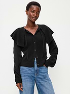 Image 1 of 3, crew neck, full-button front, tie detail at neck, long sleeves, rib-knit trim, Product #1182270
