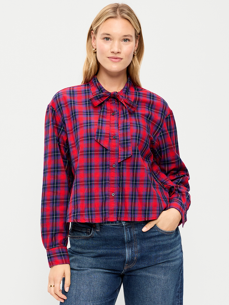 Image 5 of 8, Long-Sleeve Tie-Neck Button-Down Shirt