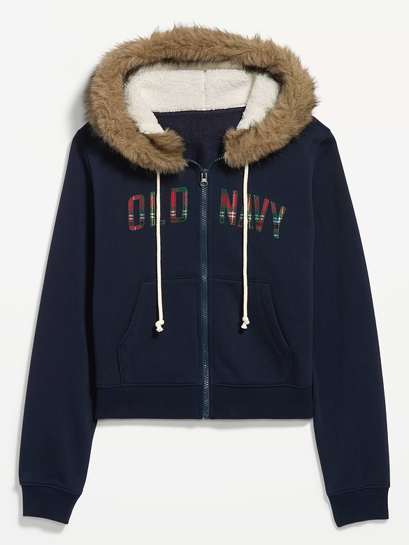 Logo Faux-Fur Trimmed Zip Hoodie Sweatshirt