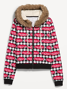 Image 1 of 3, drawstring hood, fur-trimmed hood, sherpa lining, drop-shoulder sleeves, full-zip front, hand-warming pockets, rib-knit trim, Product #1186791