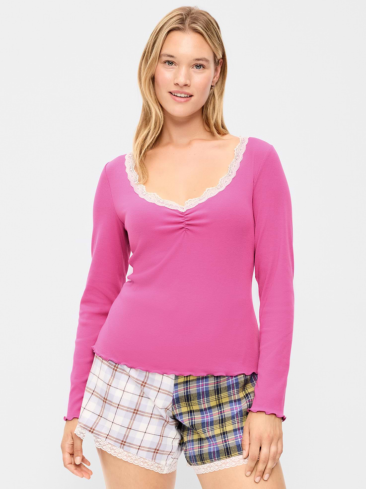 Image 3 of 6, Long-Sleeve Lace Trim T-Shirt