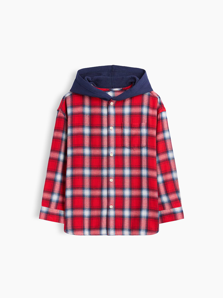 Image 1 of 3, Smooth flannel weave with fleece hood., Dropped shoulder, long sleeves with button cuffs., Hood, button front., Patch pocket at chest., Curved shirttail hem., Select styles have allover print, stripes, or plaid., This product was made in a factory that invests in gender equity and women’s empowerment through RISE. Learn more at, Product #1178859