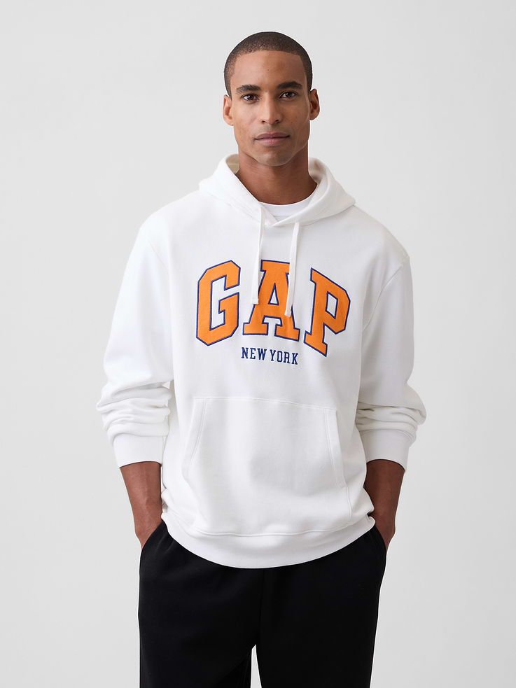 Image 1 of 4, This product is made with/contains 23% recycled polyester. Compared to virgin materials, using recycled materials helps reduce resource use and waste., Soft, comfy fleece., Dropped shoulder, long sleeves with banded cuffs., Drawcord ties at hood., Gap New York logo at front., Kanga pocket., Banded hem., Product #1197770