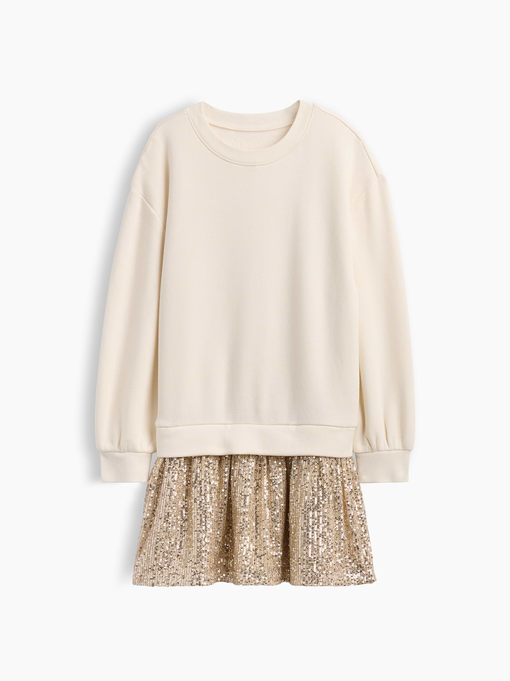 Image 1 of 3, Comfy fleece sweatshirt, smooth woven skirt., Dropped shoulder, long sleeves with banded cuffs., Crewneck., Banded hem., Shirring at waist., Select styles have allover print, or sequins at skirt., Product #1187041