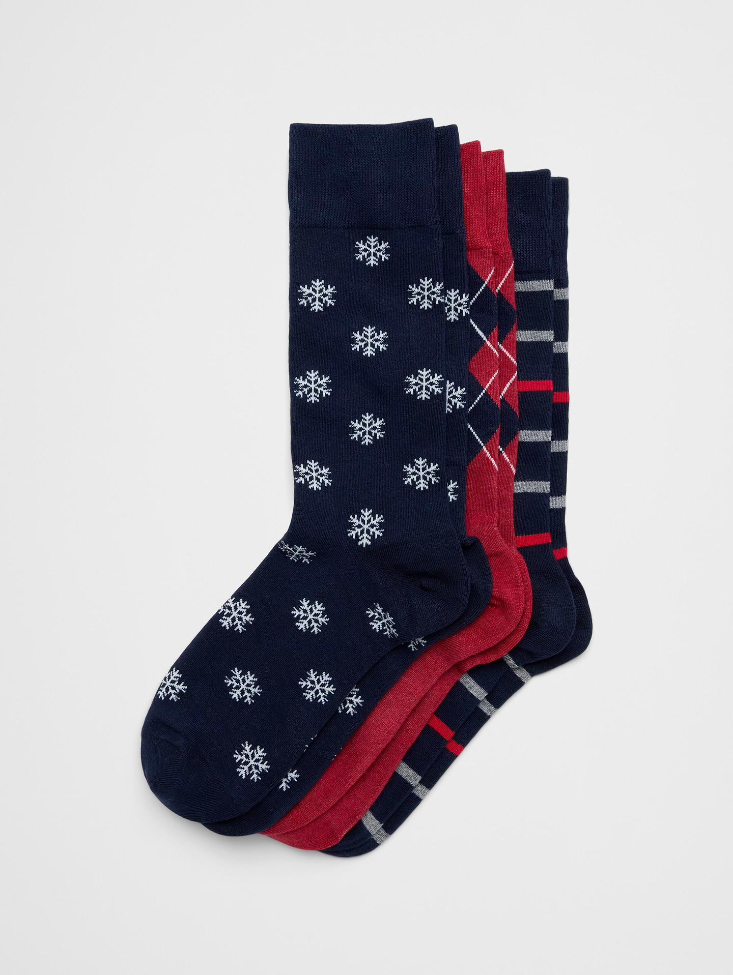 Image 1 of 1, This three‑pack of socks features a mix of designs for easy everyday rotation., A soft breathable sock with rib-knit openings and angled toe seams for a better, more comfortable fit., Made exclusively for Banana Republic Factory., Product #1184479