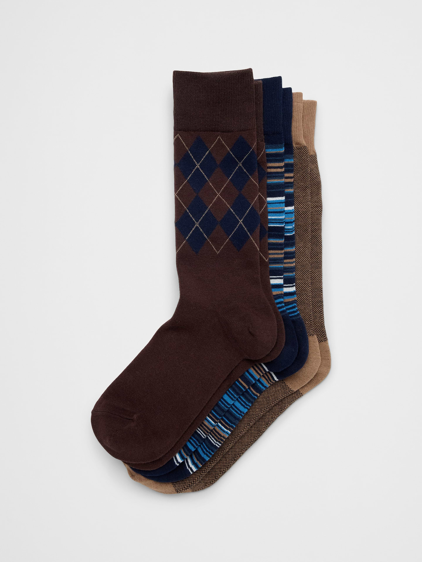 Image 1 of 1, This three‑pack of socks features a mix of brown designs for easy everyday rotation., A soft breathable sock with rib-knit openings and angled toe seams for a better, more comfortable fit., Made exclusively for Banana Republic Factory., Product #1184483