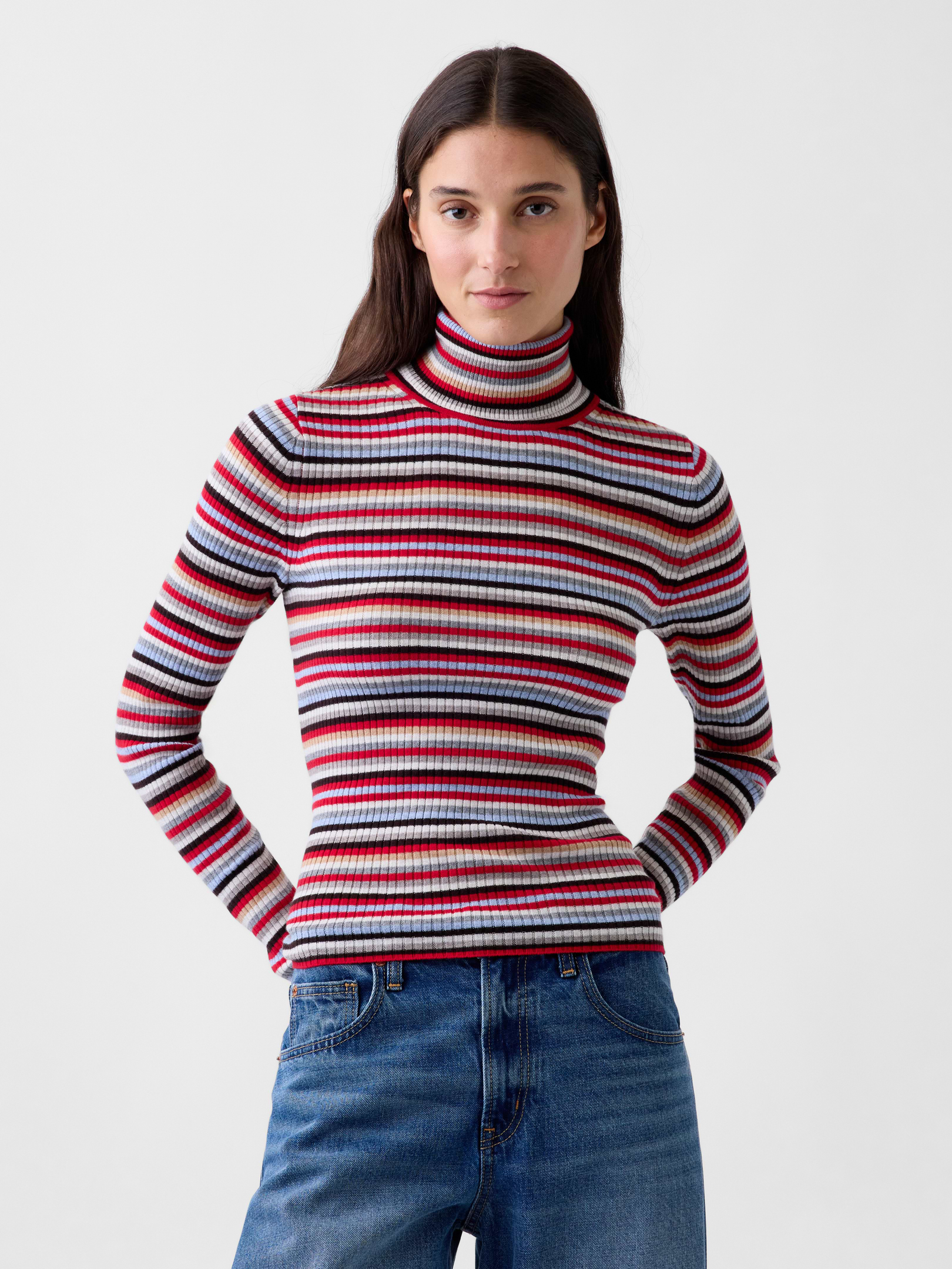 Image 1 of 5, Supersoft, lightweight ribbed knit sweater. Fitted in a slightly cropped length., Turtleneck., Long sleeves., Made with 25% recycled polyester. Compared to virgin materials, using recycled materials helps reduce resource use and waste., Explore the Gap Gift Shop ., Product #1184982
