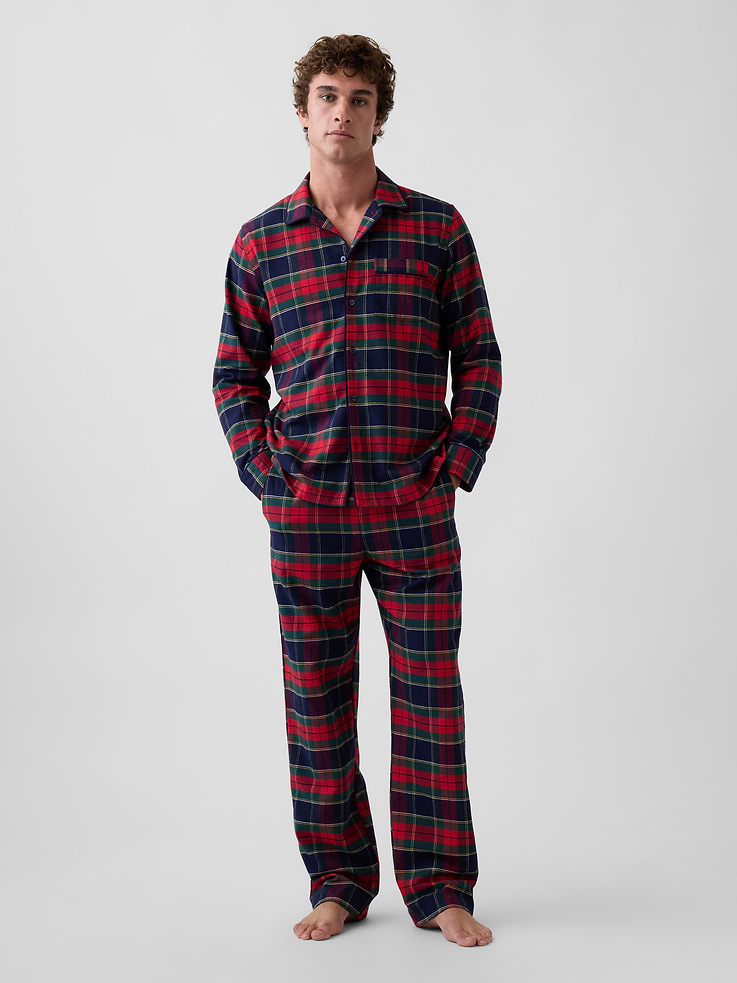 Image 1 of 5, Our softest flannel ever. Double washed for extra softness. Fully relaxed for easy comfort. Universally perfect for absolutely everyone., Supersoft cotton flannel pajama shirt and pants PJ set., Notch collar., Long sleeves., Chest patch pocket., Slit at side hems., Elasticized waist with drawcords and faux fly at PJ pants., Side slant pockets, back patch pocket., Piping detail at edges., Allover print., Made with 50% Protocol cotton verified by the U.S. Cotton Trust Protocol, a program which works with farms committed to improving their environmental footprint by minimizing water usage and improving soil health (Claim No. 10127)., Shop matching PJs for all., Product #1189332