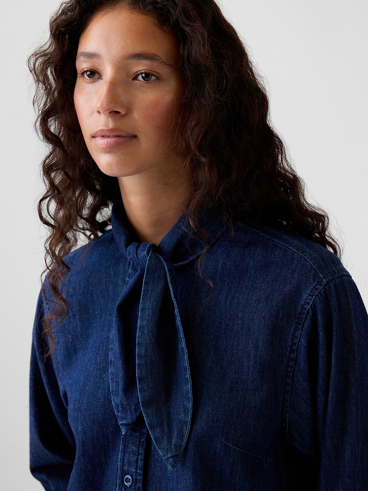 Image 4 of 5, Denim Tie-Neck Mini Shirtdress