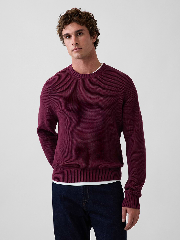 Image 1 of 5, Soft shaker-stitch knit cotton sweater. In a relaxed fit., Crewneck., Long sleeves with drop shoulders., Ribbed cuffs and hem., Product #907278