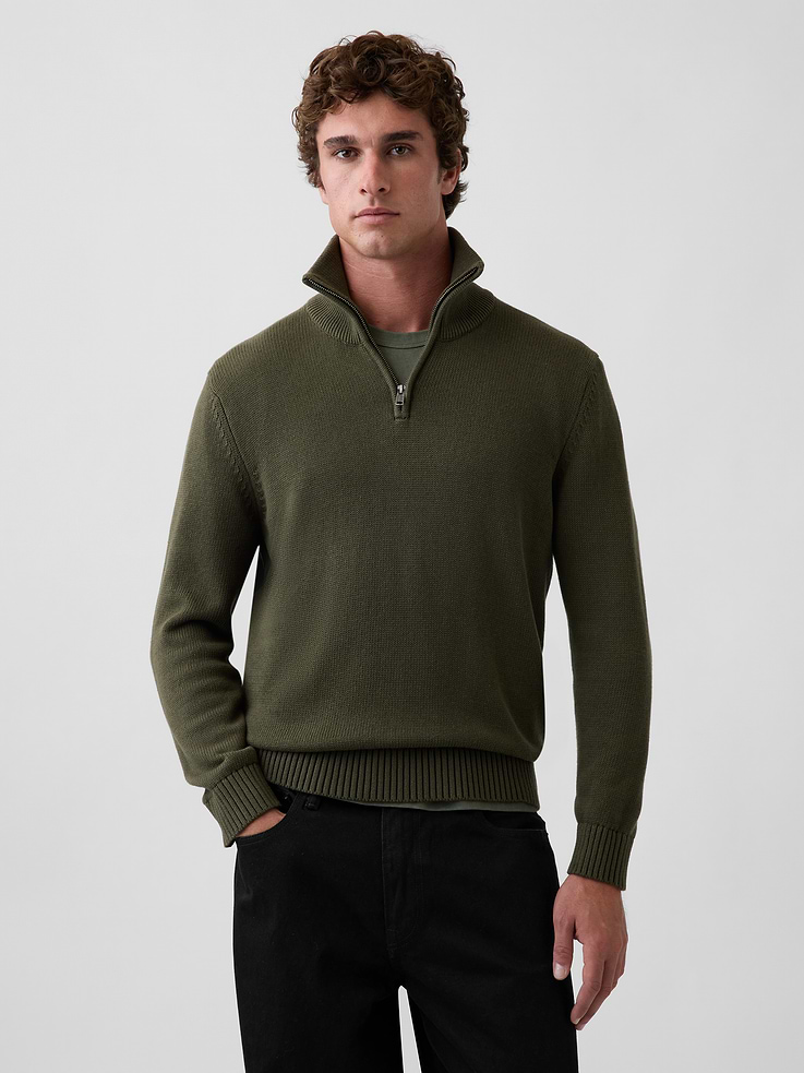 Image 1 of 5, Soft knit cotton quarter-zip pullover sweater. In a relaxed fit and slightly cropped length., Mockneck with quarter-zip closure., Long sleeves., Ribbed hem., Product #908078