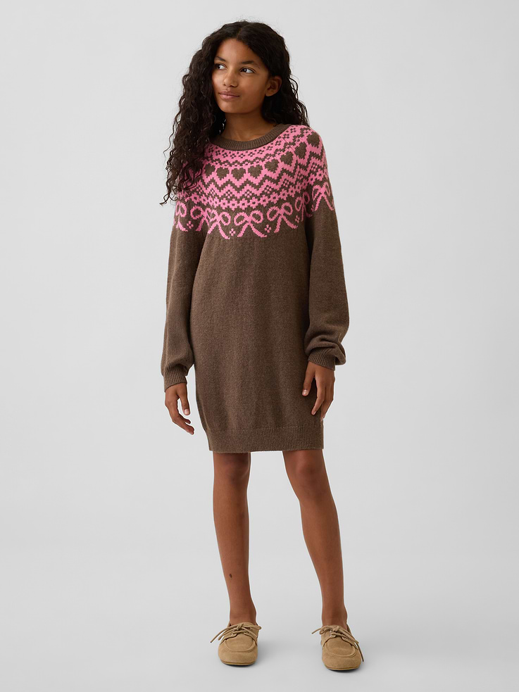 Image 1 of 5, Our bestselling fabric that feels cashmere-soft. Crafted in a midweight plush yarn. Refined with a special brushed technique. It's everyday luxury., Supersoft knit cotton-blend sweater dress. In an oversized fit., Crewneck., Long sleeves., Fair Isle design at top., Ribbed cuffs and hem., This product was made in a factory that invests in gender equity and women’s empowerment through RISE. Learn more at gapinc.com/equity ., Product #1184971