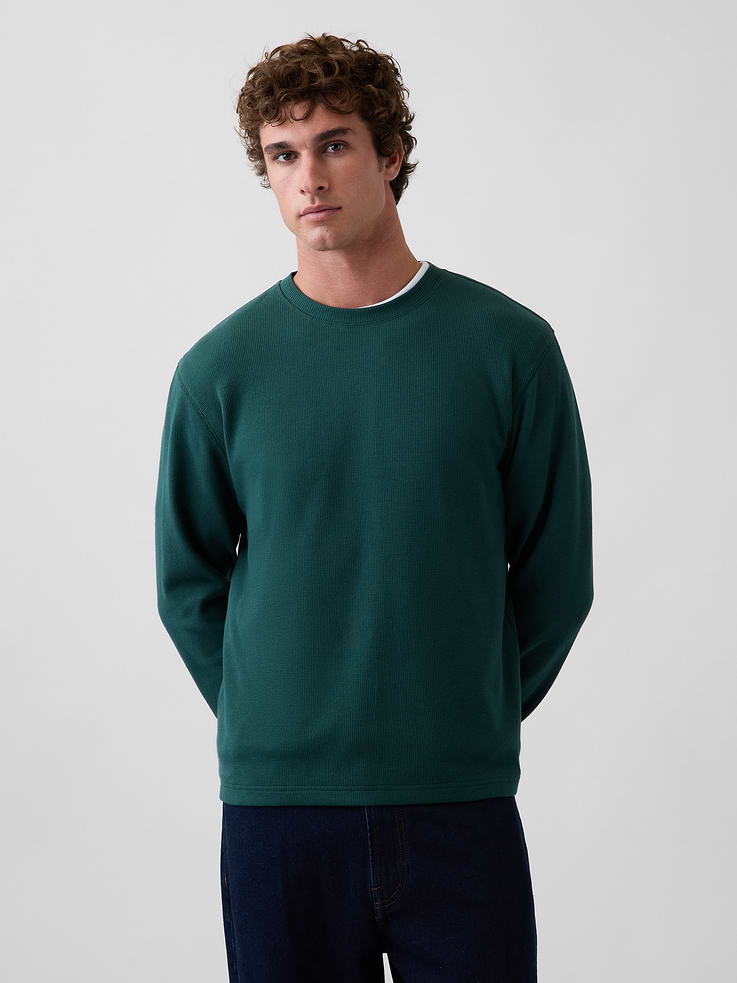 Image 1 of 5, Soft waffle-knit stretch cotton T-shirt. In a relaxed fit., Crewneck., Long sleeves with drop shoulders and banded cuffs., Product #907263