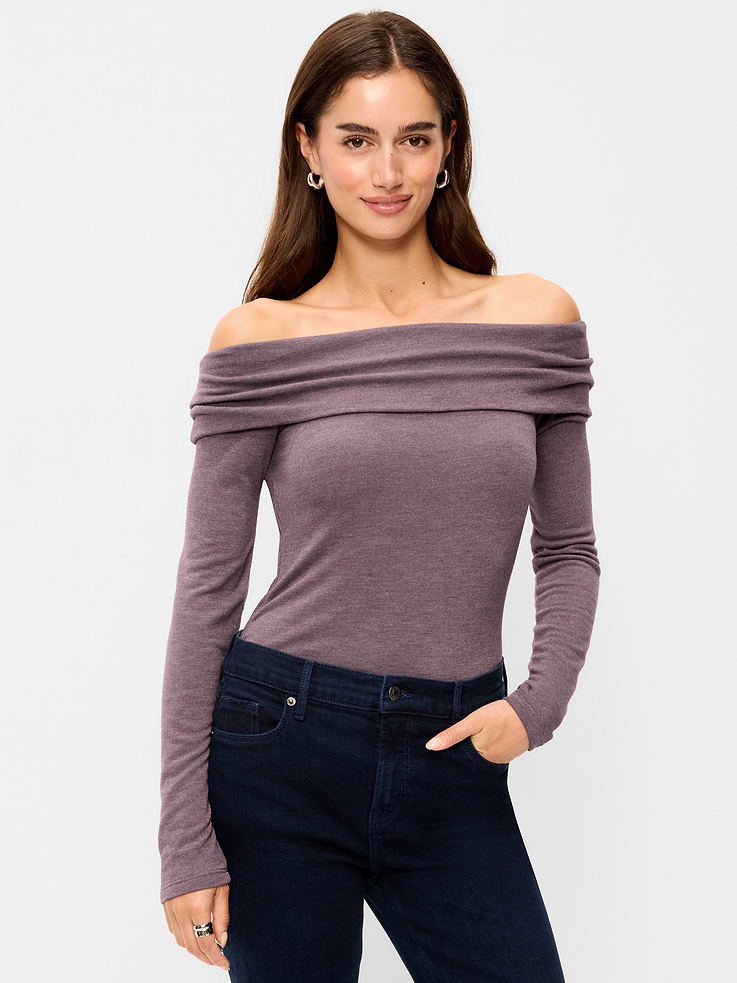 Image 3 of 8, Off-The-Shoulder Long-Sleeve Fitted Top