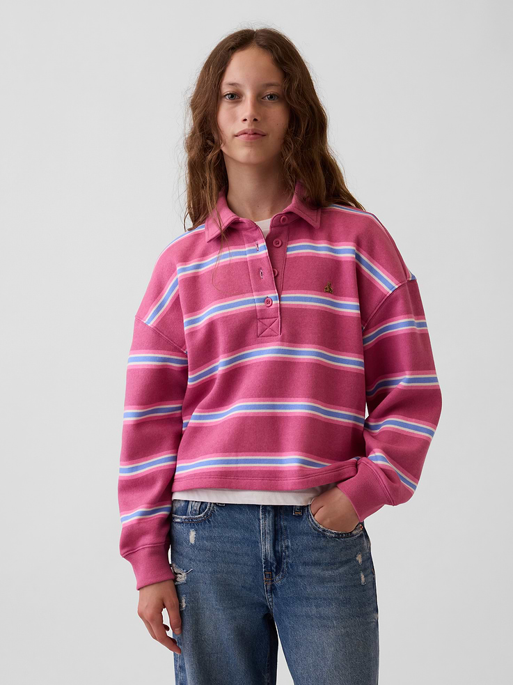 Image 1 of 6, Soft cotton-blend fleece polo sweatshirt. In an oversized, boxy fit., Spread collar with front button placket., Long sleeves with drop shoulders and banded cuffs., Embroidered Brannan Bear at chest., Made with 21% recycled polyester. Compared to virgin materials, using recycled materials helps reduce resource use and waste., Product #1181326