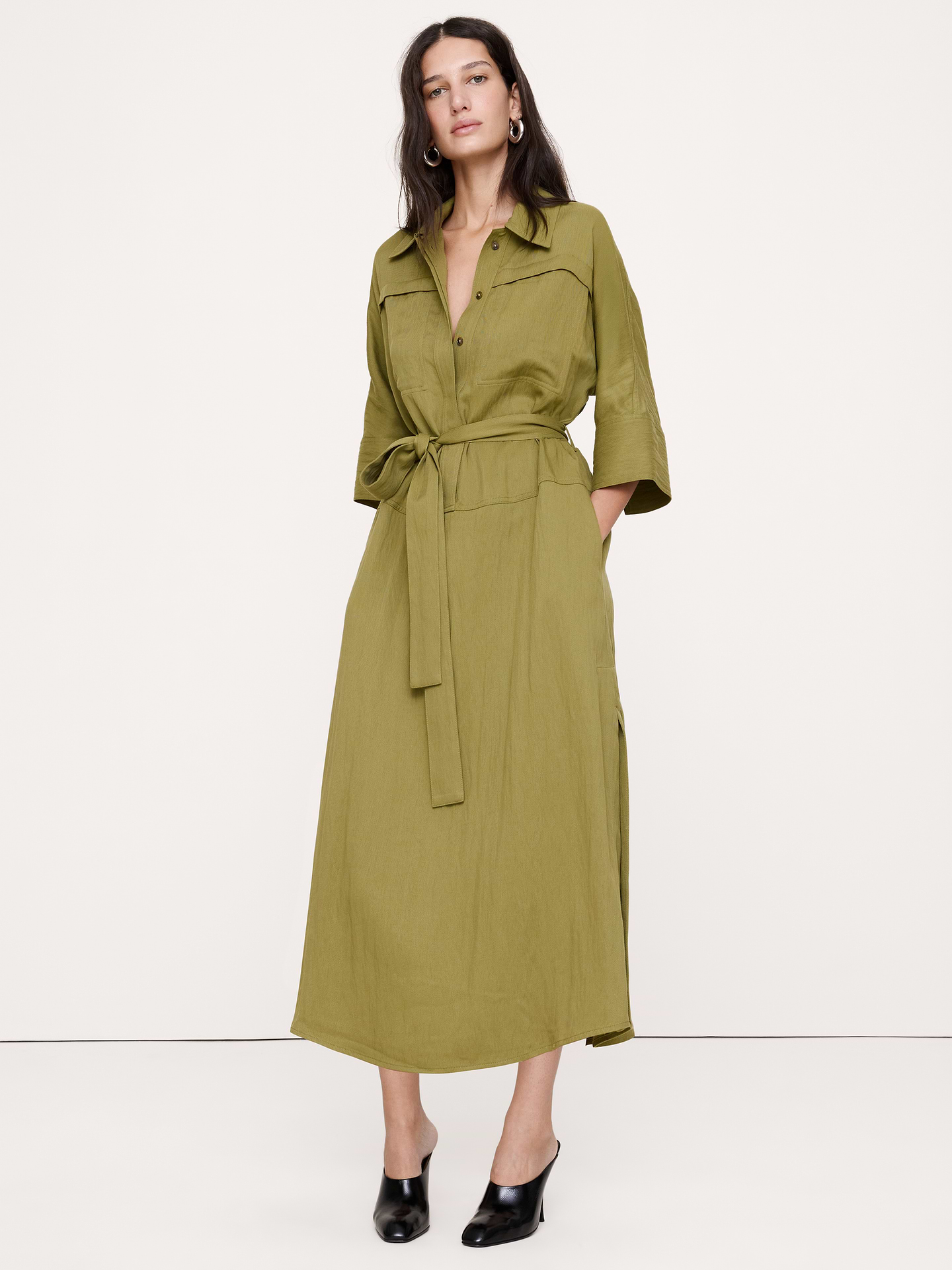 Image 1 of 8, Our drapey twill gives this midi shirt dress a polished feel without sacrificing an ounce of comfort., Fit & Flare: Relaxed through chest and shoulders, fitted waist with a flare skirt., Point collar with a button-front closure., Tie waist., Side pockets., Unlined., Product #1180137