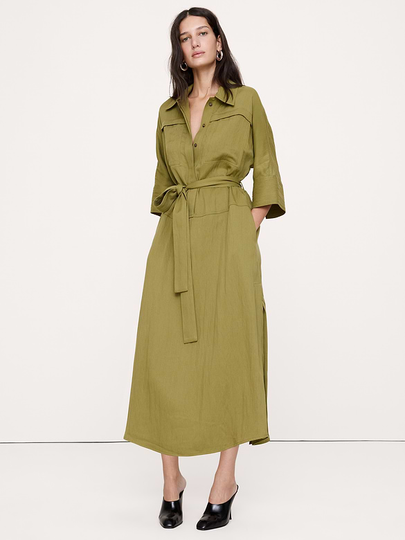 Drapey Twill Belted Midi Shirt Dress