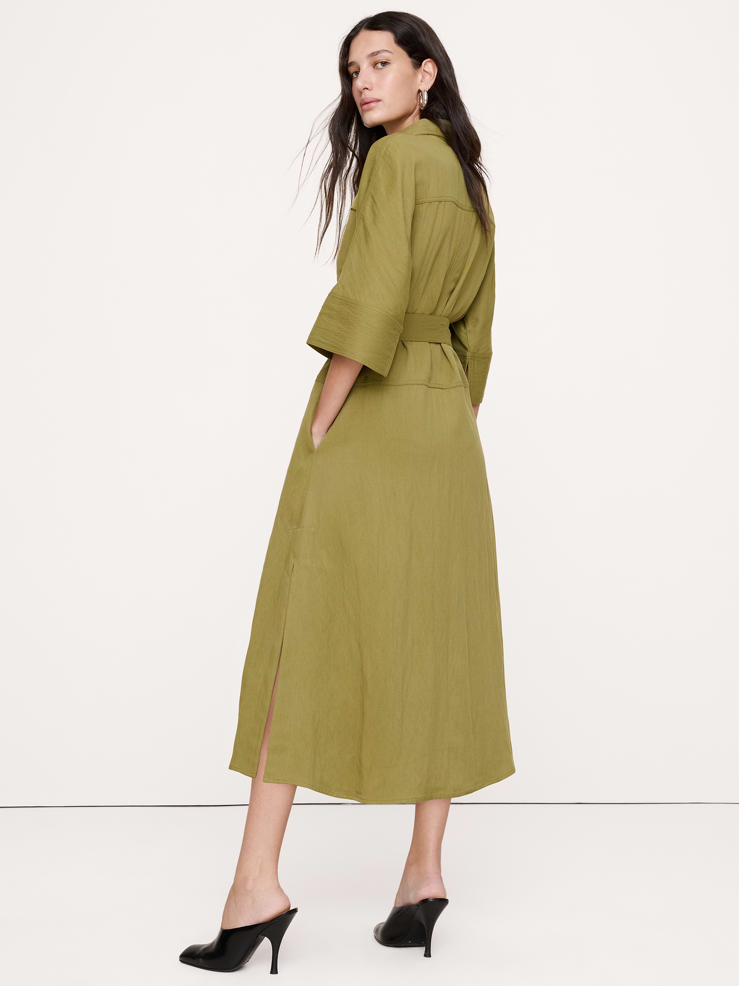Image 7 of 8, Drapey Twill Belted Midi Shirt Dress