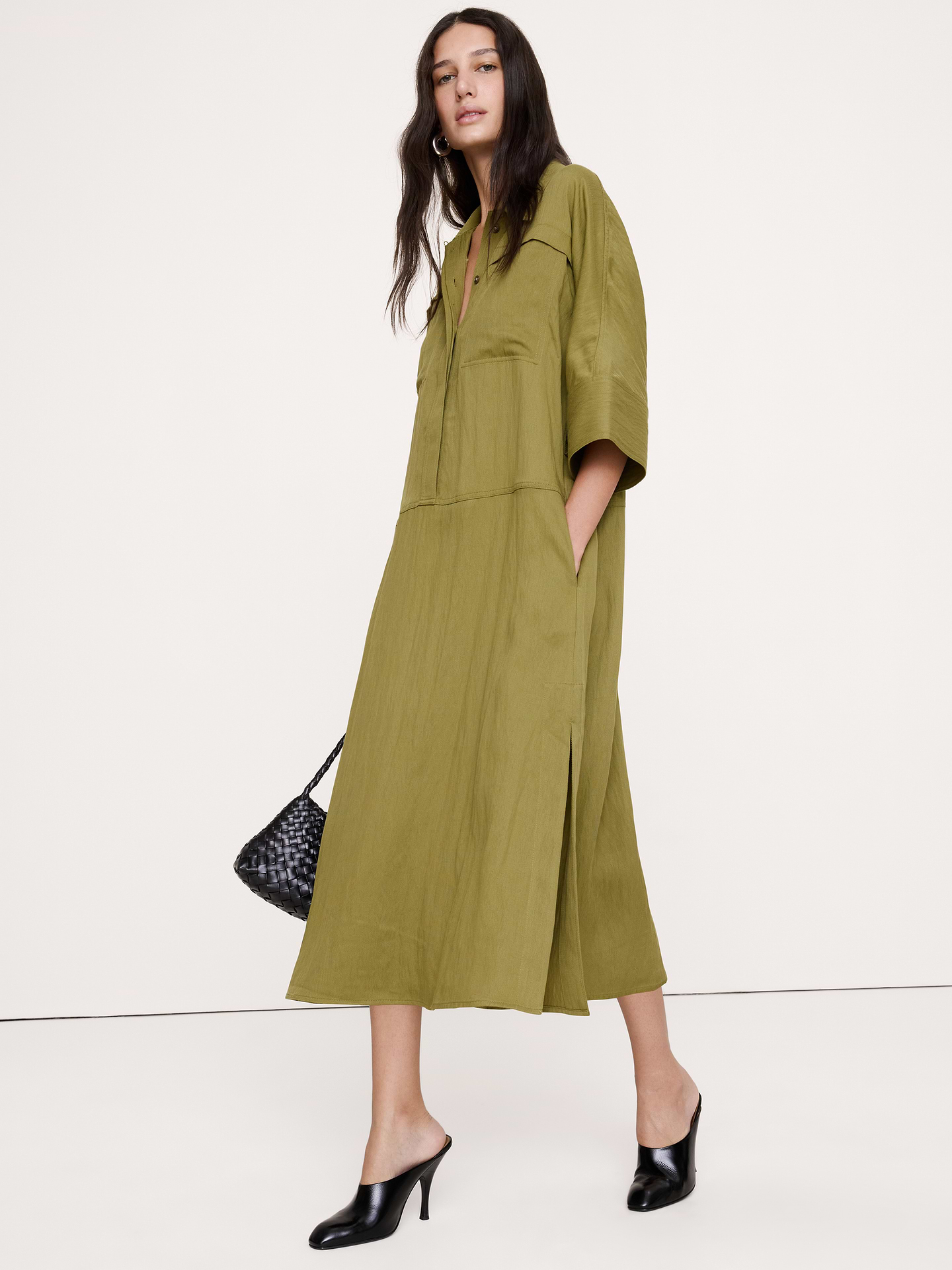 Image 8 of 8, Drapey Twill Belted Midi Shirt Dress