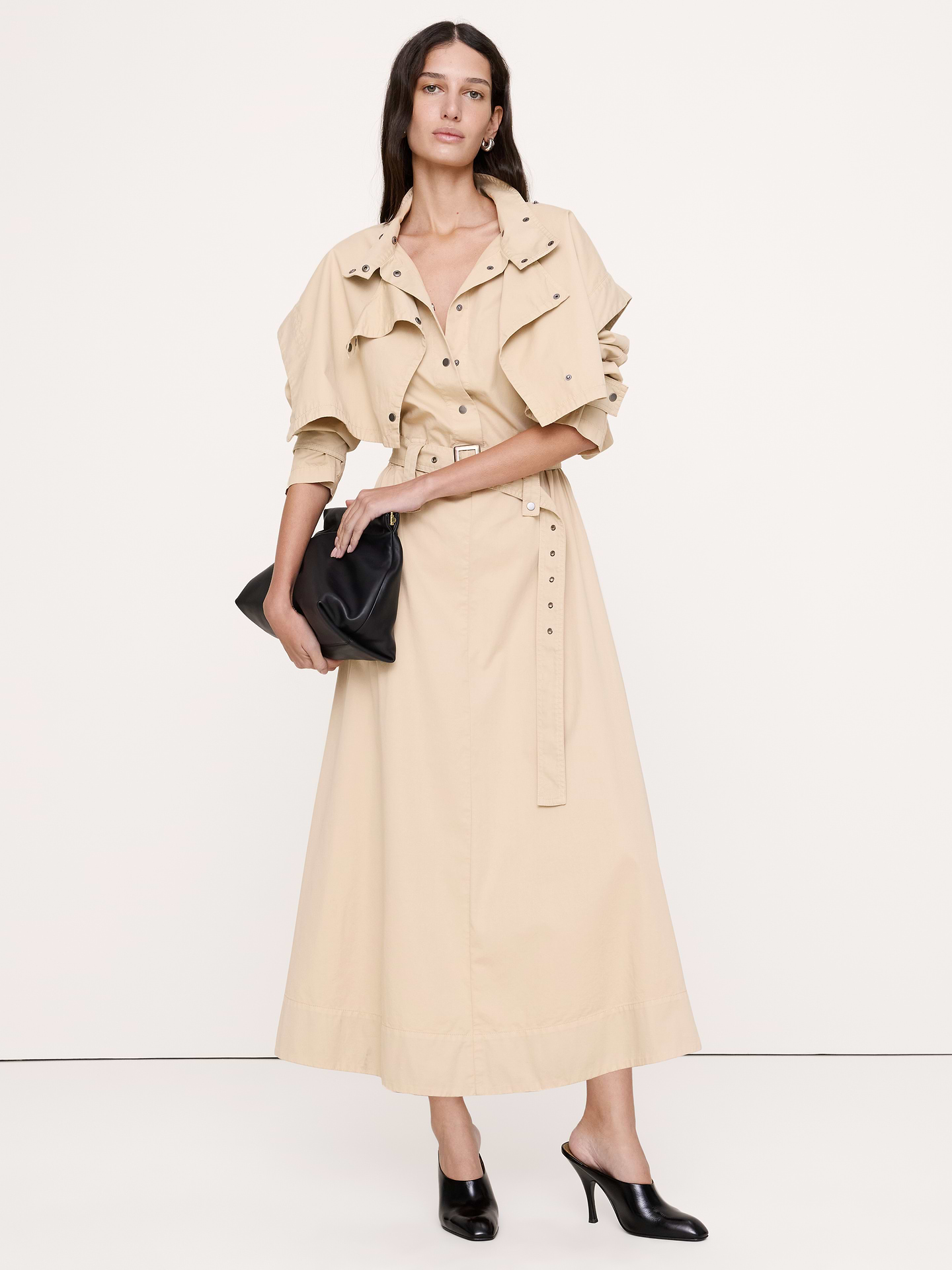 Image 1 of 6, Rain or shine (or simply indoors), this cotton-twill utility style borrows all the best details of the trench coat and gives them new life as a dress. Plus, it's specially washed for softness., Fit & Flare: Relaxed through chest and shoulders, fitted waist with a flare skirt., Stand collar with snap closure., Adjustable belt., Unlined., Product #1180151
