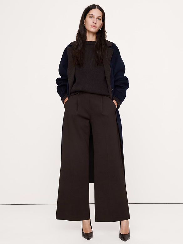 Pantalon à taille haute élastique, jambe large, en tricot point de Rome fluide