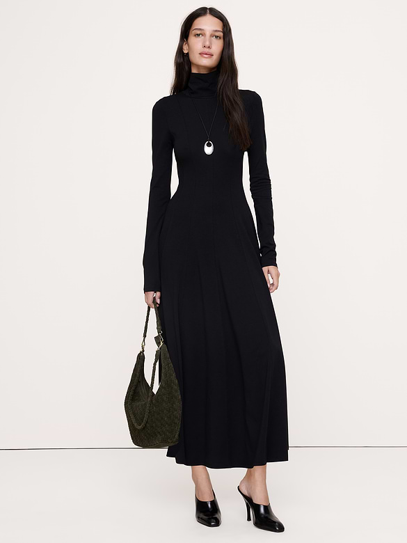 Paneled Jersey Turtleneck Maxi Dress